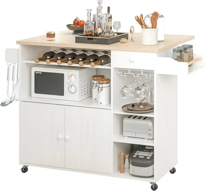 Rolling Kitchen Island Cart with Drop-Leaf & Wine Rack Drawer Shelves & Spice Rack, Microwave Rack Serving Cart on Wheels