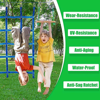 Warrior Obstacle Course For Kids And Adults - 65FT Slackline With Tree Climbing Rock Holds, Swing Seat, Monkey Bars, Ring Wheel,