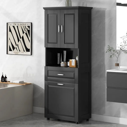 Laundry Cabinet with Tilt Out Laundry Hamper and Drawer, Wood Tall Bathroom Storage Cabinet with Doors and Adjustable Shelves
