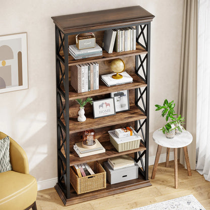6-Tier Bookcase, 71 Inches Industrial Bookshelves and Bookcases, Floor Standing 5 Shelf Display Storage Shelves