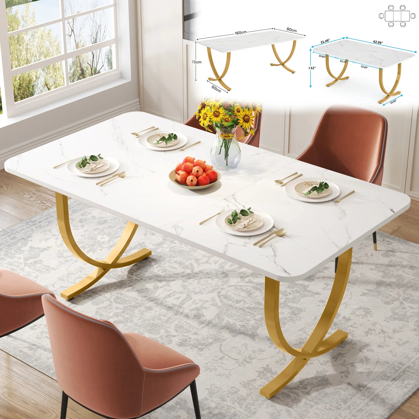 63-Inch Rectangular Dining Table for 4 to 6, Modern Kitchen Table with Faux Marble Table Top