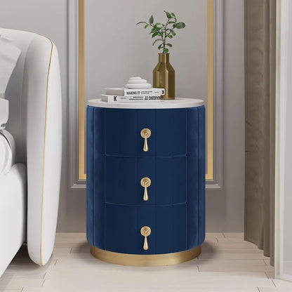 White Velvet Nightstand with Storage, Round Bedside Table with 3 Drawers, Stone Top Night Table for Bedroom