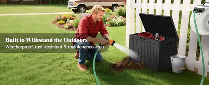 45Gal Black Deck Box - Waterproof & UV-Resistant Outdoor Storage w/Lockable Lid - For Patio/Garden