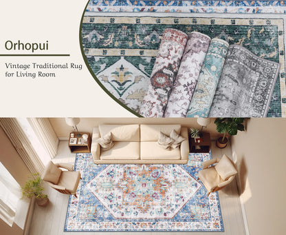 Washable Area Rug 8x10 - Stain Resistant Vintage Design for Living Room, Non-Slip Foldable Carpet for Bedroom