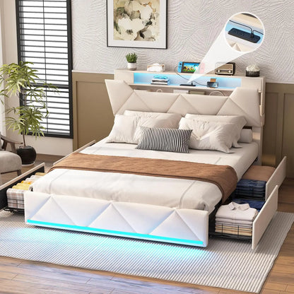 Bed Frame Queen with Storage Headboard&4 Drawers Upholstered Platform Bed Frame with Charging Station &LED Lights