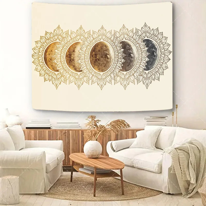 1pc Wall Tapestry  Moon Phase Tapestry - Gold Floral Mandala Wall Hanging