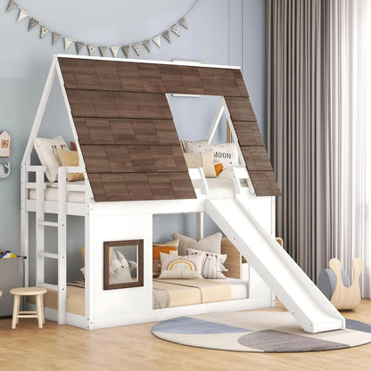 Twin Over Twin House Bunk Bed Frame with Roof ,Window ,Ladder and Slide for Boys Girls, White & Brown