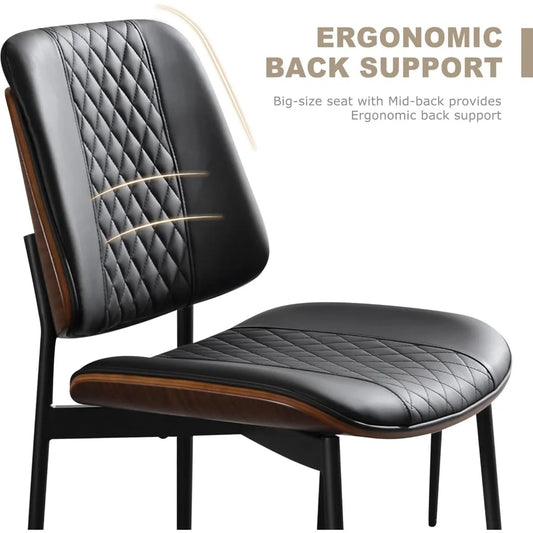 Set of 2 PU Leather Dining Chairs - Mid-Century Bentwood w/ Metal Legs, Modern Walnut Style