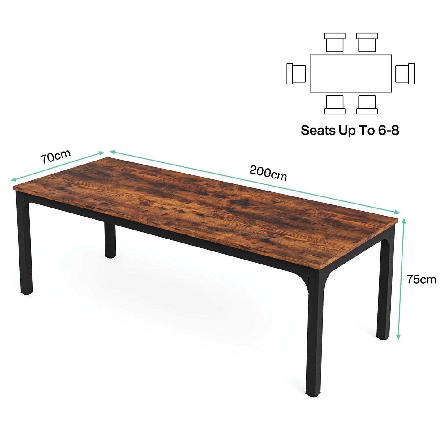 Dining Table for 6-8 People, 200cm Large Narrow Long Rectangular Kitchen Dinner Table, Rustic Wood Dining Table