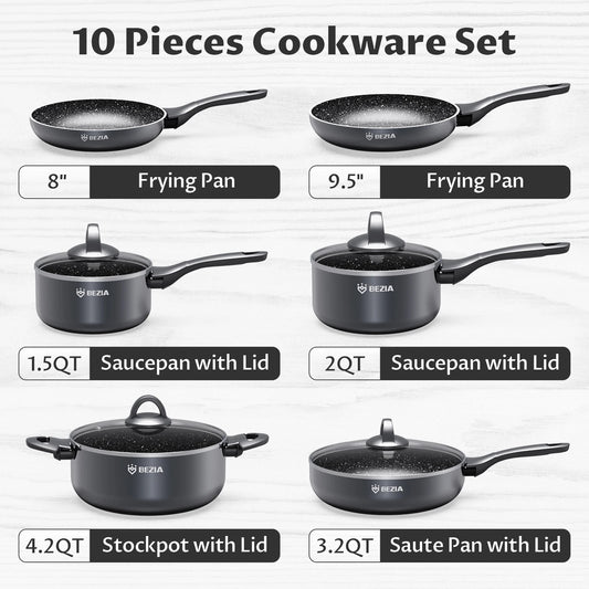 Induction Cookware Pots and Pans Set 10 Piece,  Dishwasher Safe Nonstick Cooking Pans, Stay-Cool Bakelite Handle
