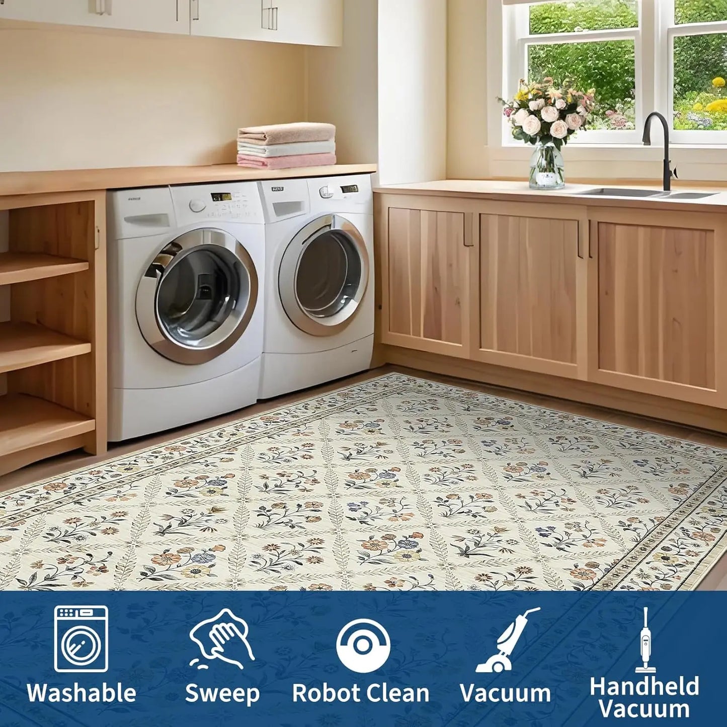 Vintage Washable Area Rugs for Living Room Soft Low-Pile Non-Slip Carpet  for Bedroom Dining Room Home Office