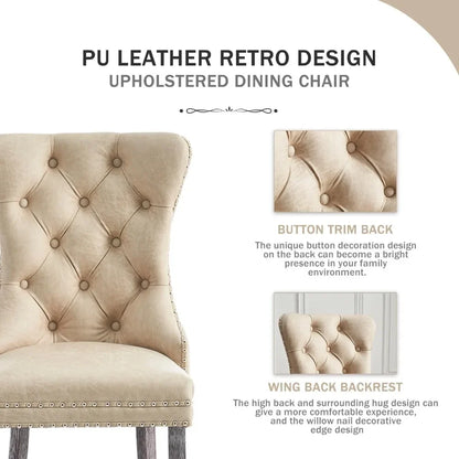 Leather Dining Chairs Set of 6, Upholstered Dining Room Chair with Nail head Trim and Solid Wood Legs, Luxury Wingback