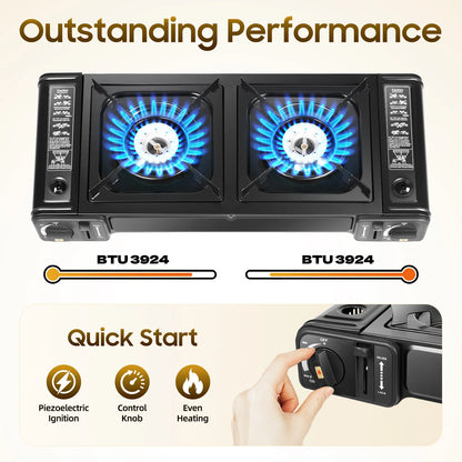 2in1 2-Burner Portable Camping Stove, Butane Camping Stove Kit w/Baking Pan and Carrying Case, Auto Ignition Camping Burner LPG