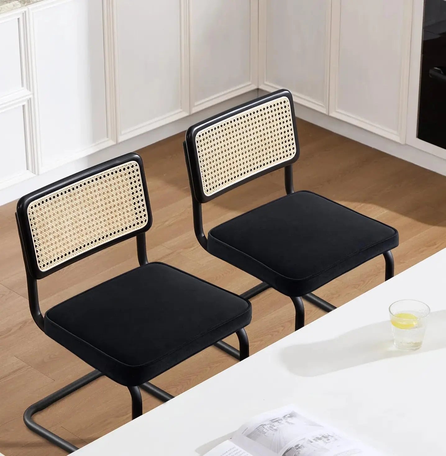 Natural Rattan Dining Chairs Set of 4, Modern Dining Room Chairs with Solid Wood Back for Kitchen