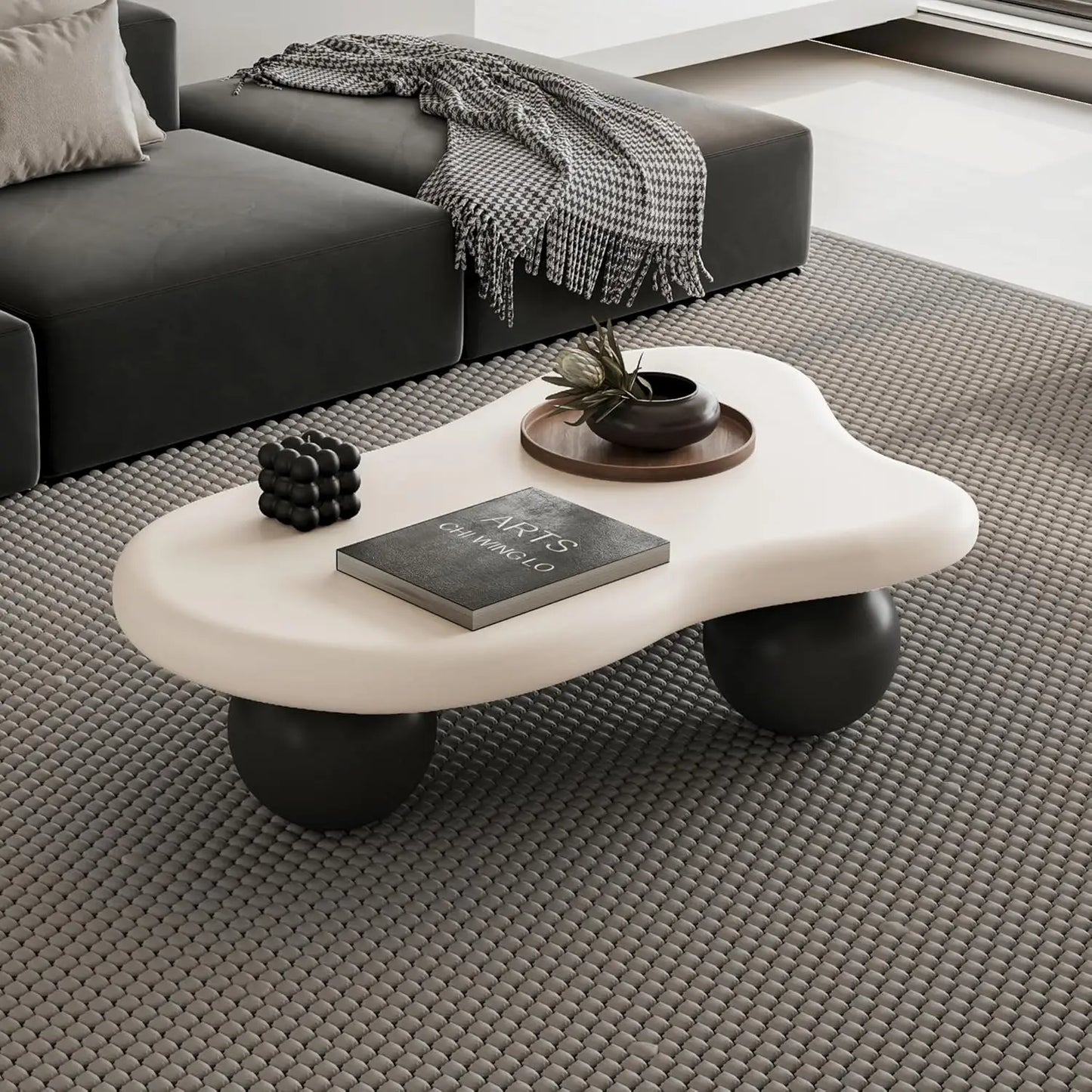 40" Black Modern Coffee Table Cloud Shape Low Center Table with 3 Ball Legs Cute Irregular Indoor Tea Table for Living Room