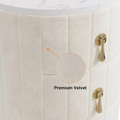 White Velvet Nightstand with Storage, Round Bedside Table with 3 Drawers, Stone Top Night Table for Bedroom