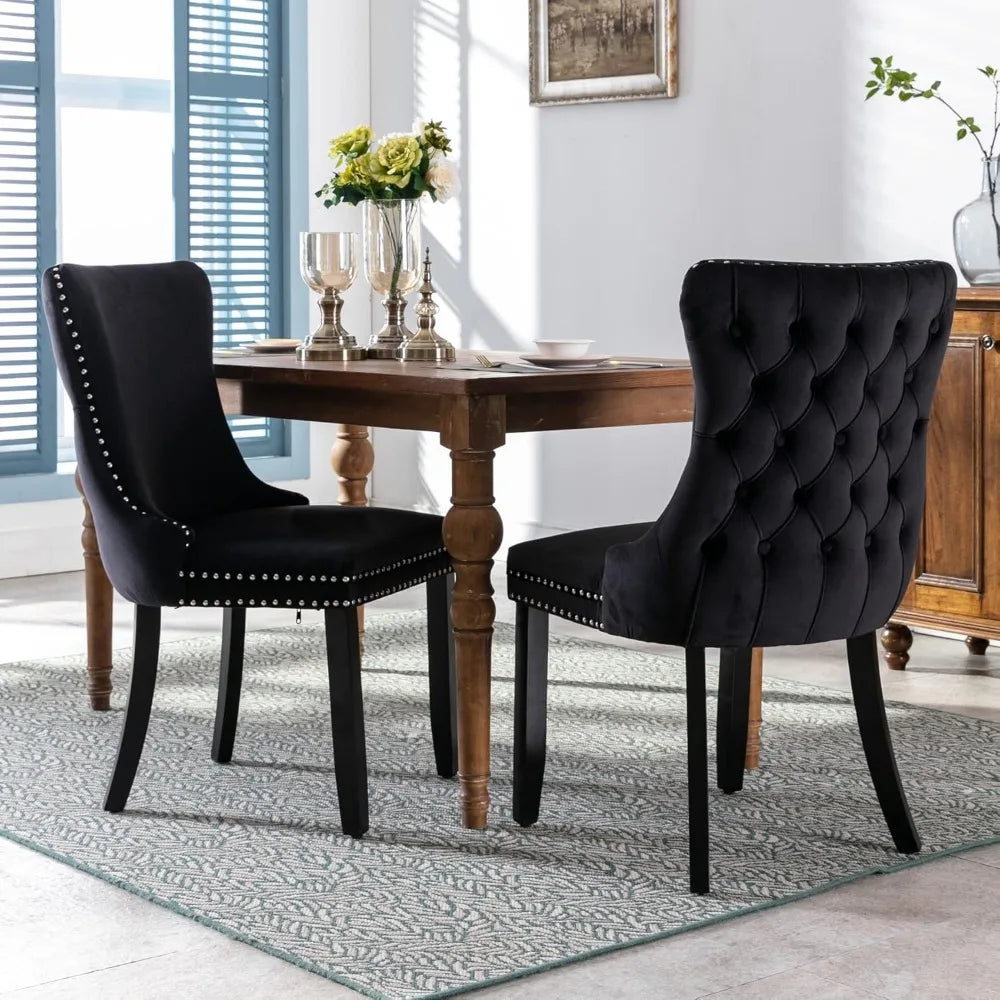 Velvet Upholstered Dining Chairs Set of 4 Wingback Kitchen Room Black Accent Chairs 4PC Solid Wood Leg