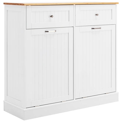 Double Tilt Out Trash Cabinet 20 Gallon, Freestanding Wooden Kitchen Trash Recycling Cabinet with Drawer & Removable Cutting Boa