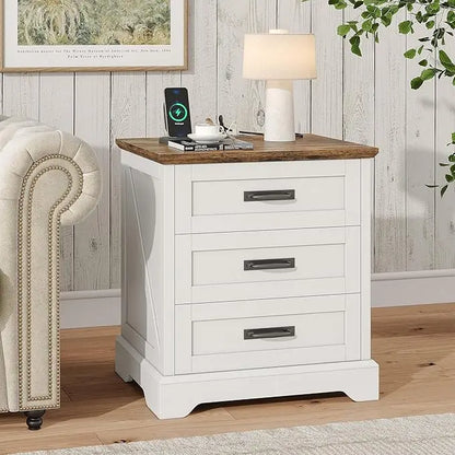 Farmhouse Nightstand with Charging Station, 3 Drawers Bedside Table