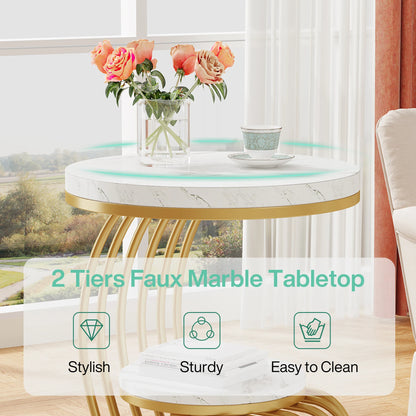 Gold Round End Table: 2 Tiers Faux Marble Side Table with Storage Shelf, Modern White Gold Bedside Nightstand