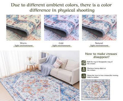 Washable Area Rug 8x10 - Stain Resistant Vintage Design for Living Room, Non-Slip Foldable Carpet for Bedroom
