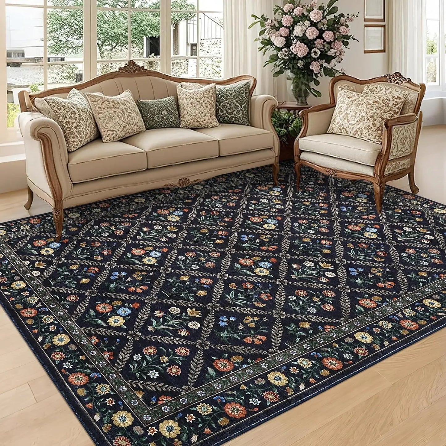 Vintage Washable Area Rugs for Living Room Soft Low-Pile Non-Slip Carpet  for Bedroom Dining Room Home Office