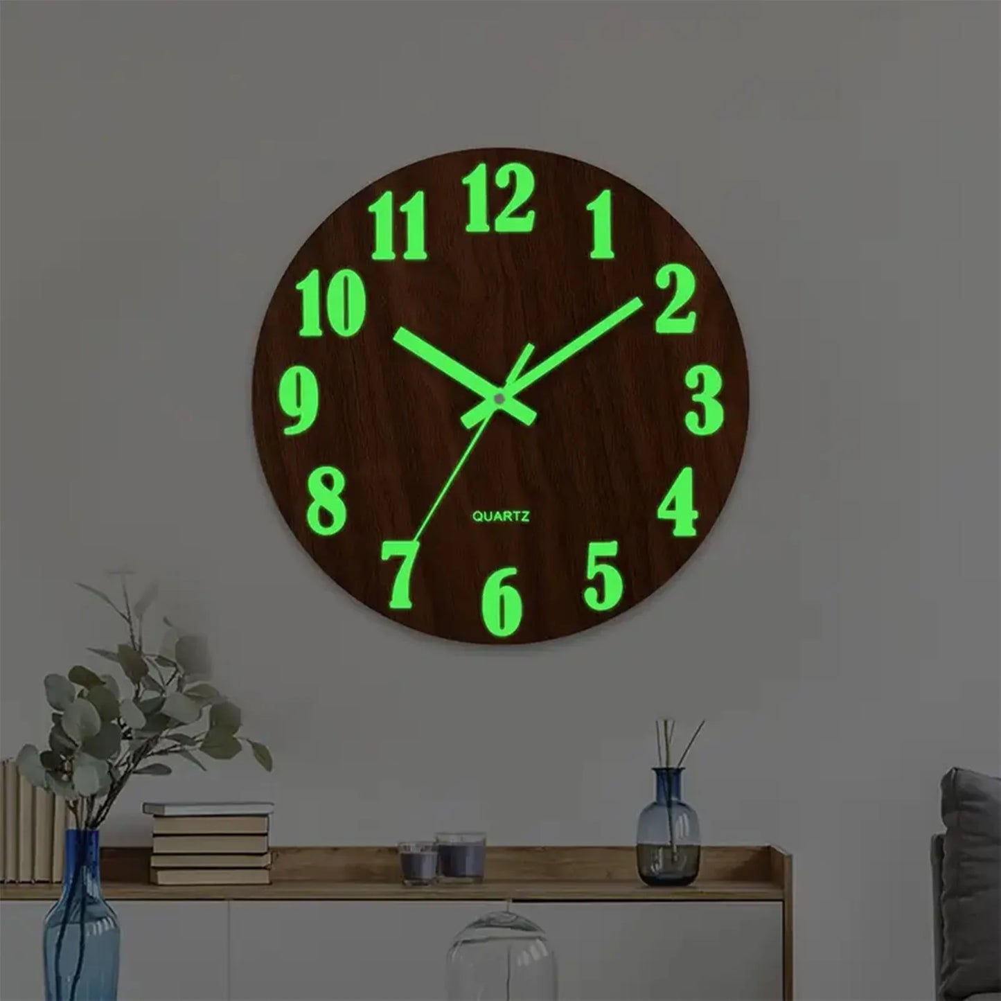 12 Inch Wooden Simple Luminous Wall Clock Silent Non Ticking Analog