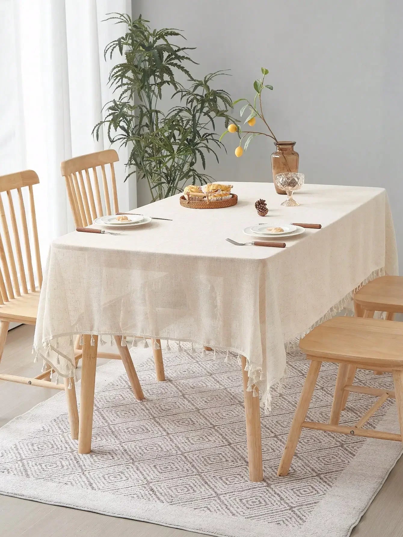 Beige linen square tablecloth, retro countryside style, kitchen living room coffee table