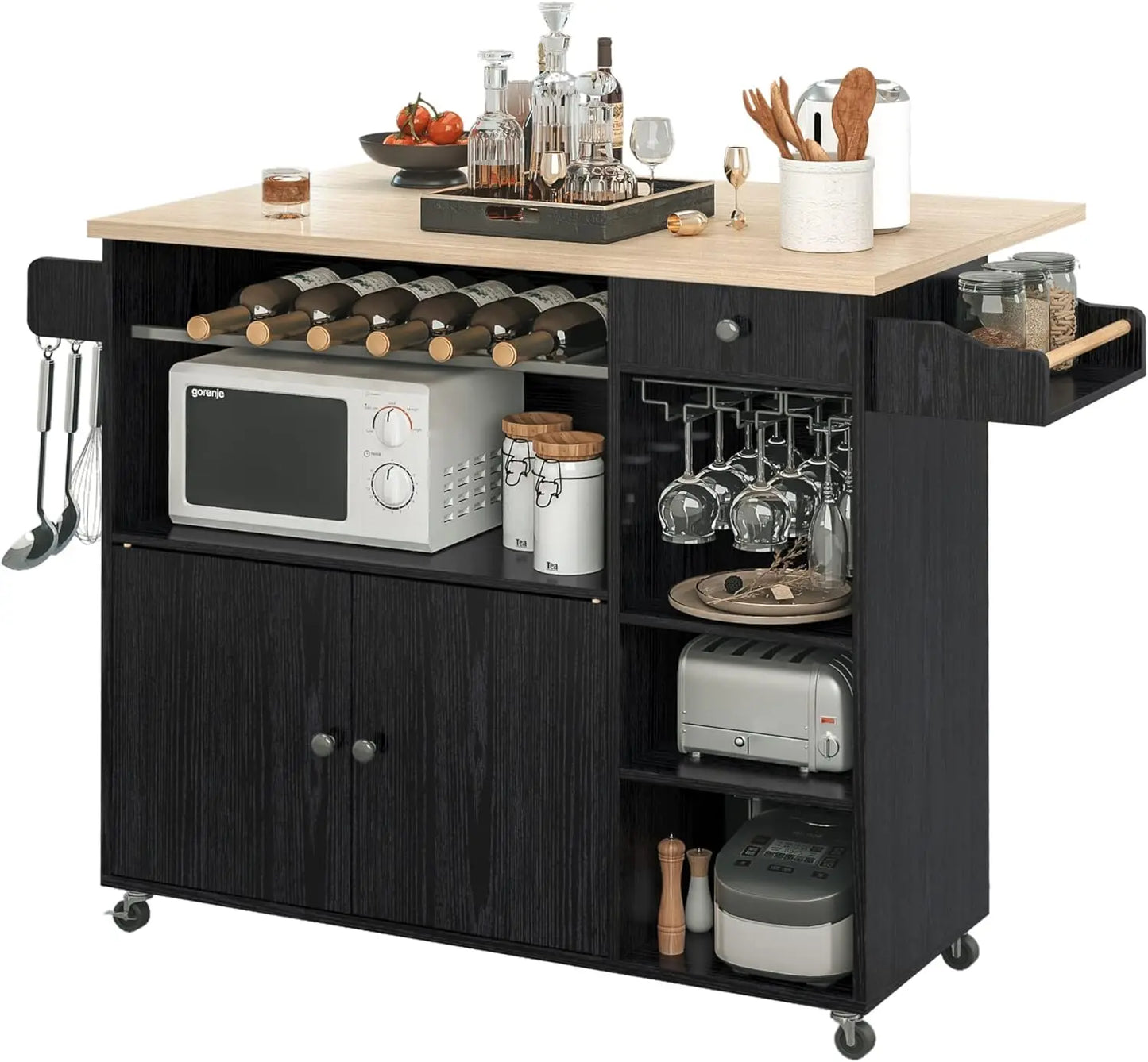 Rolling Kitchen Island Cart with Drop-Leaf & Wine Rack Drawer Shelves & Spice Rack, Microwave Rack Serving Cart on Wheels