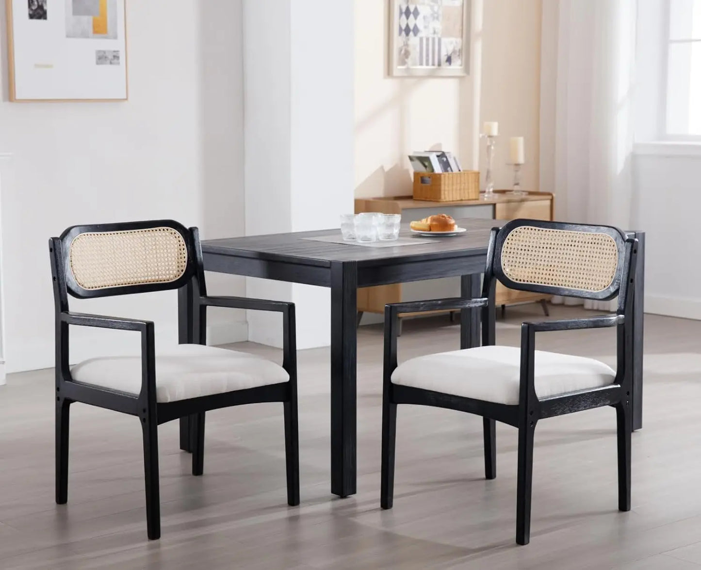 Farmhouse Rattan Dining Chairs Set of 2 Modern Mid Century Dining Room Chairs Upholstered Linen Kitchen Side Chairs