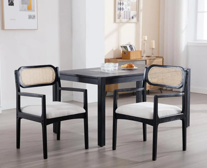 Farmhouse Rattan Dining Chairs Set of 2 Modern Mid Century Dining Room Chairs Upholstered Linen Kitchen Side Chairs