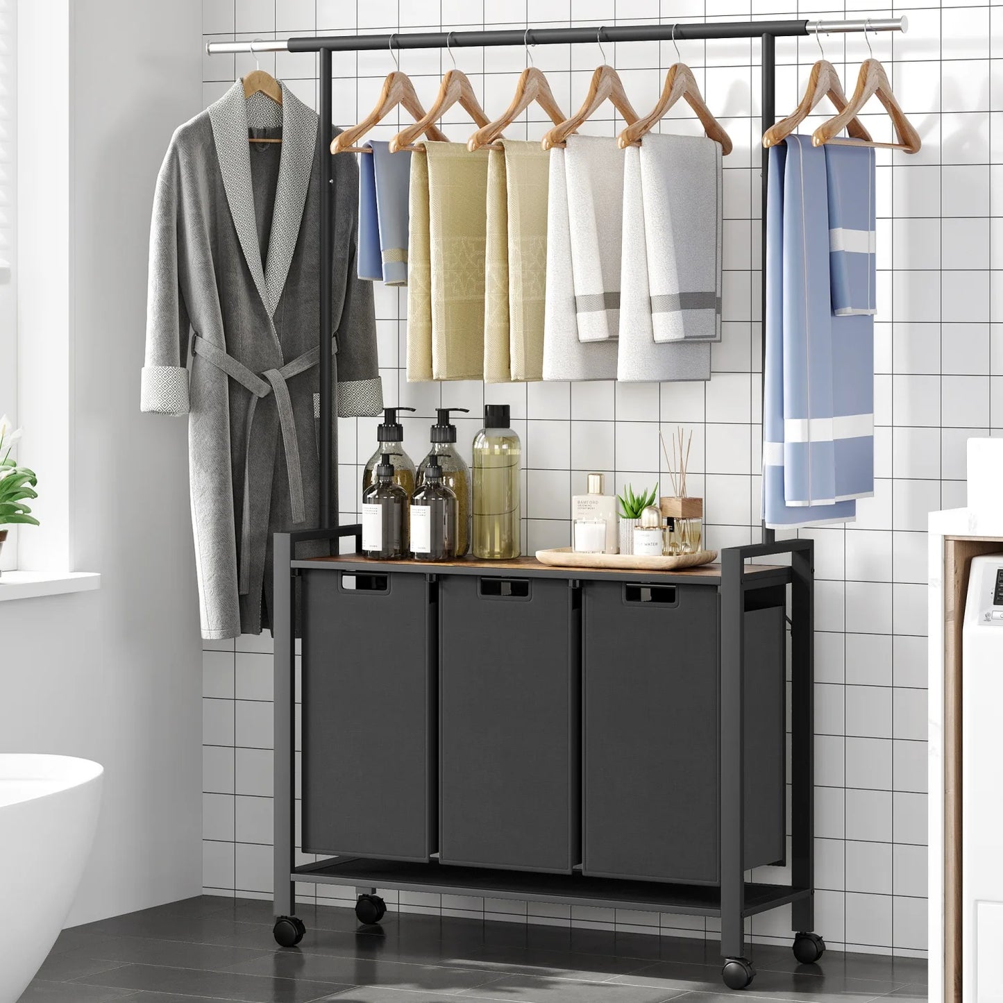 Laundry Sorter With Extendable Hanging Bar Laundry Basket With Wheels And Shelf, Laundry Room Organization And Storage