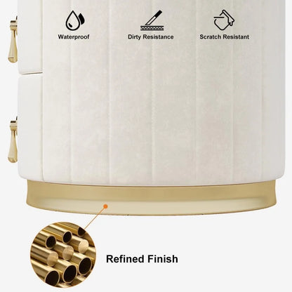 White Velvet Nightstand with Storage, Round Bedside Table with 3 Drawers, Stone Top Night Table for Bedroom