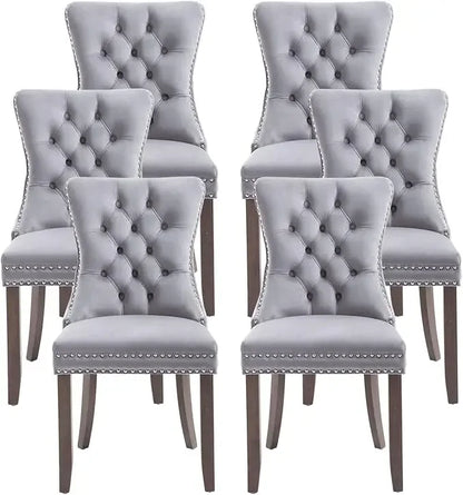 Leather Dining Chairs Set of 6, Upholstered Dining Room Chair with Nail head Trim and Solid Wood Legs, Luxury Wingback