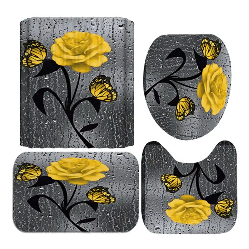 4pcs Set Doormat Shower Curtain with Non-Slip Rugs Toilet Seat Cover Bath Carpet Durable Waterproof