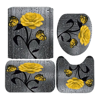 4pcs Set Doormat Shower Curtain with Non-Slip Rugs Toilet Seat Cover Bath Carpet Durable Waterproof