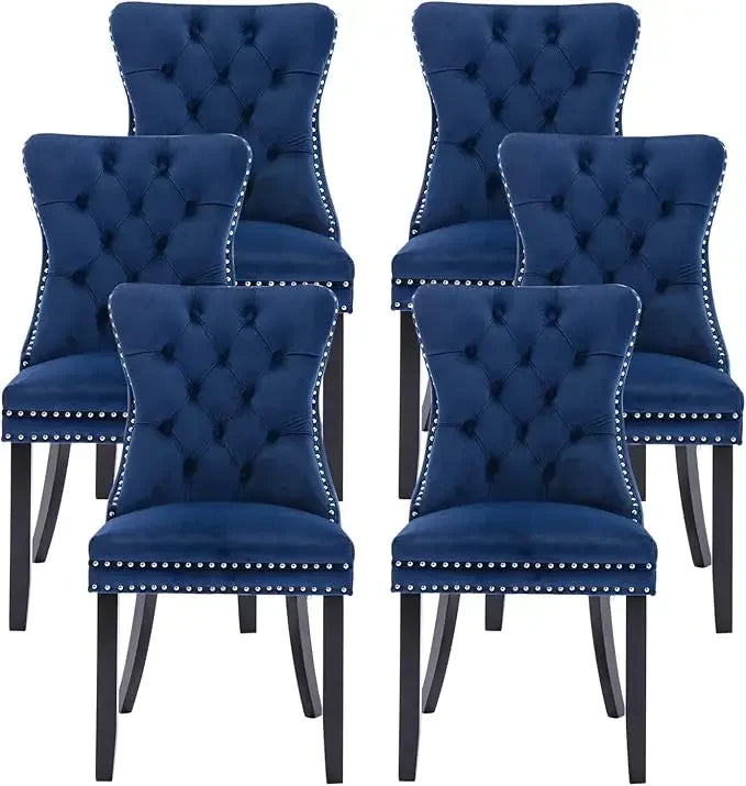 Leather Dining Chairs Set of 6, Upholstered Dining Room Chair with Nail head Trim and Solid Wood Legs, Luxury Wingback