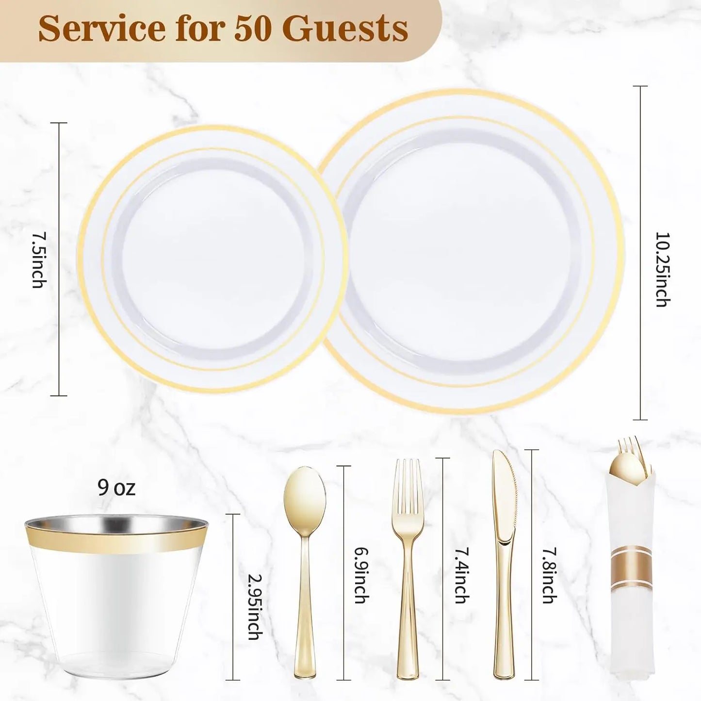 350PCS Gold Plastic Dinnerware Set, Disposable Party Plates for 50 Guests, Include: 100 Plastic Plates, 50 Pre Rolled Napkins