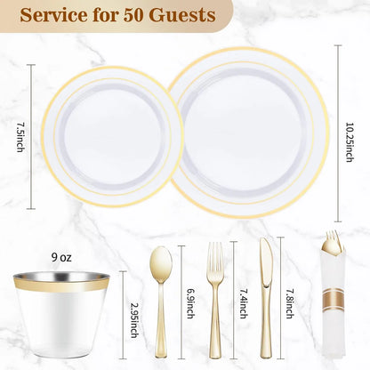 350PCS Gold Plastic Dinnerware Set, Disposable Party Plates for 50 Guests, Include: 100 Plastic Plates, 50 Pre Rolled Napkins