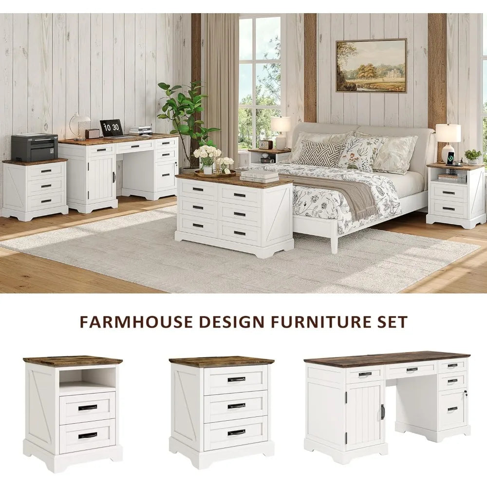 Farmhouse Nightstand with Charging Station, 3 Drawers Bedside Table