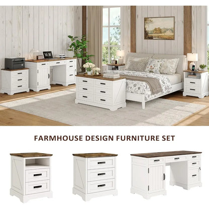 Farmhouse Nightstand with Charging Station, 3 Drawers Bedside Table