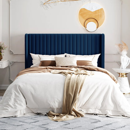 Velvet Upholstered Bed Frame, Vertical Channel Tufted Wingback Headboard, Wooden Slats