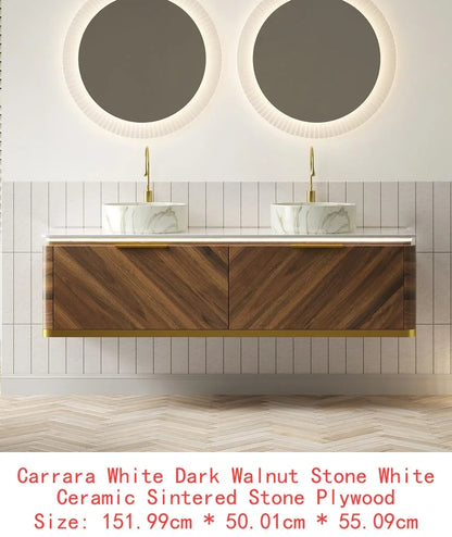 60" Bathroom Vanity with Sinks, Floating Plywood Storage Cabinet, 2 Drawers with Sensor Light, 2 Ceramic Vessel Basins