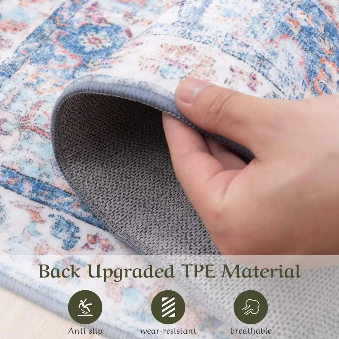 Washable Area Rug 8x10 - Stain Resistant Vintage Design for Living Room, Non-Slip Foldable Carpet for Bedroom