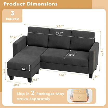 NEW-Convertible Sectional Sofa Couch, 3 Seat L-Shaped Sofa with Linen Fabric Ottoman