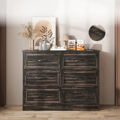 6 Drawer Dresser for Bedroom Wood Chest of Drawers with Power Strip