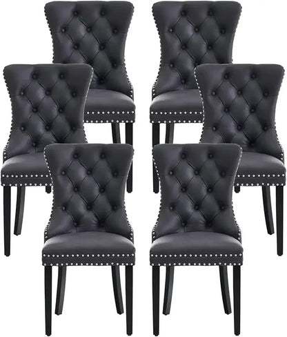 Leather Dining Chairs Set of 6, Upholstered Dining Room Chair with Nail head Trim and Solid Wood Legs, Luxury Wingback