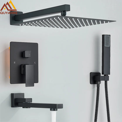 Black Concealed Shower System Rain Waterfall Bathroom Embedded Shower Faucet Set with Tub Spout