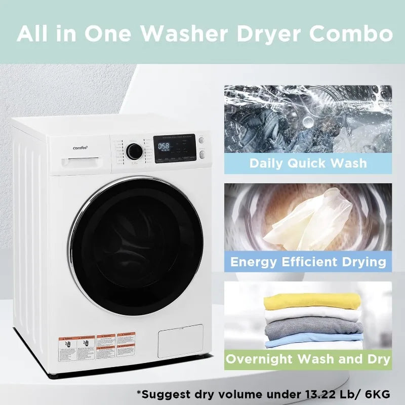 24"Washer and Dryer Combo 2.7cu.ft 26lbs Washing Machine Steam Care, Overnight Dry, No Shaking Front Load Full-Automatic