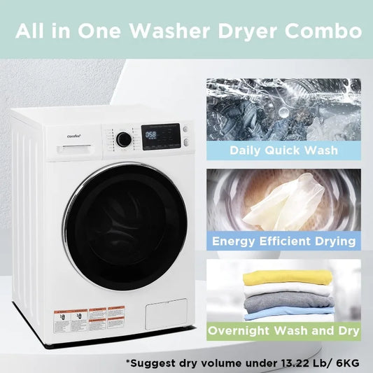 24"Washer and Dryer Combo 2.7cu.ft 26lbs Washing Machine Steam Care, Overnight Dry, No Shaking Front Load Full-Automatic